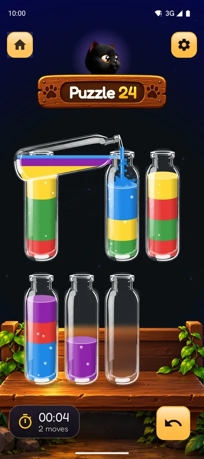 Water Sort Ultra puzzle with coloured liquid being poured between glass bottles